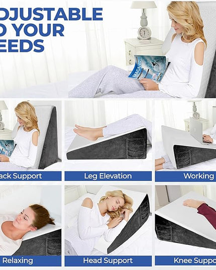 Wedge Pillow for Sleeping, 10 inch Bed Wedge Pillow, for Back Support, Neck Pain, Leg Elevation, Acid Reflux, Snoring, After Surgery, Triangle Pillow Wedge, Memory Foam Top - LeafyLoom
