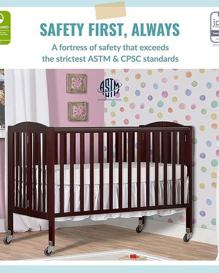 Folding Full Size Convenience Crib In Espresso, Two Adjustable Mattress Height Positions, Comes With Heavy Duty Locking Wheels, Flat Folding Crib - LeafyLoom
