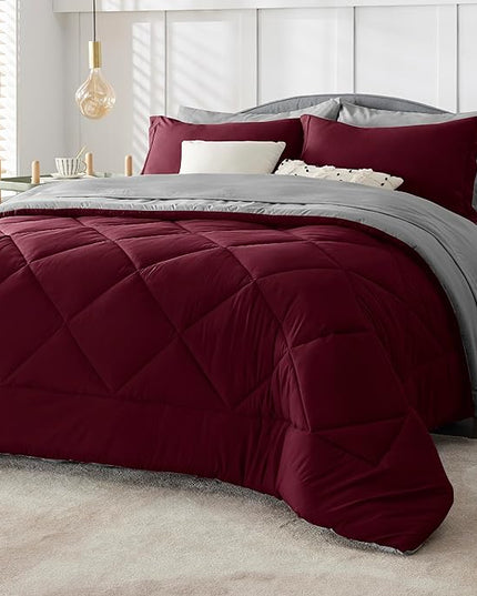Bedsure Burgundy King Size Comforter Set - 7 Pieces Reversible King Bed in a Bag King Bed Set with Comforters, Sheets, Pillowcases & Shams, King Bedding Sets - LeafyLoom