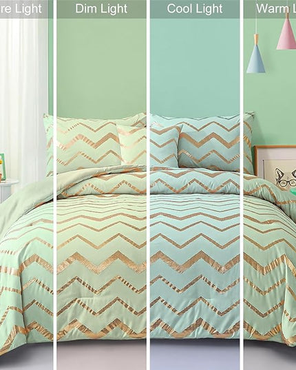 Sage Green/Gold Comforter Set Queen, Metallic Print Glitter Bedding Set Cute Shinny Bed Sets for Teen Girls Kids Women, 4 Piece (2 Pillowcases, 1 Decorative Pillow Sham) - LeafyLoom