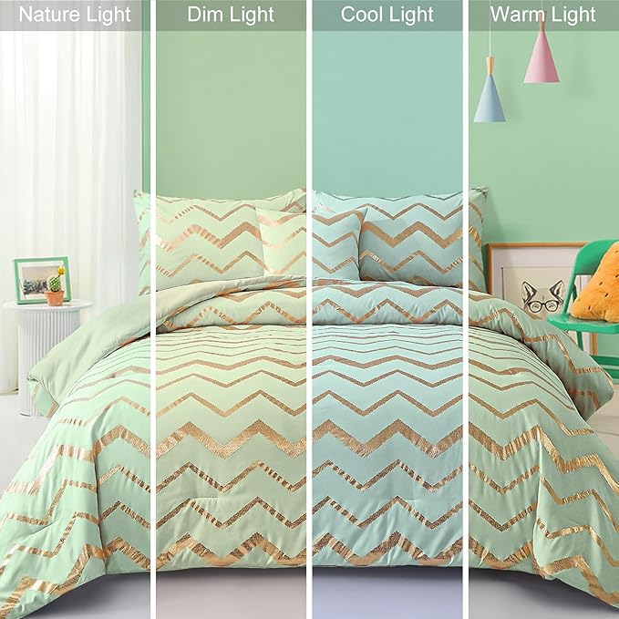 Sage Green/Gold Comforter Set Queen, Metallic Print Glitter Bedding Set Cute Shinny Bed Sets for Teen Girls Kids Women, 4 Piece (2 Pillowcases, 1 Decorative Pillow Sham) - LeafyLoom