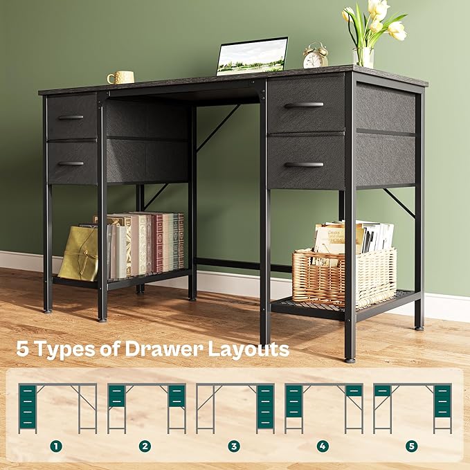 47 Inch Computer Desk with 4 Drawers, Office Desk with Mesh Shelf, Gaming Desk, Large Storage, Writing Desk Work Desk for Home Office, Study, Bedroom, Work from Home, Black - LeafyLoom