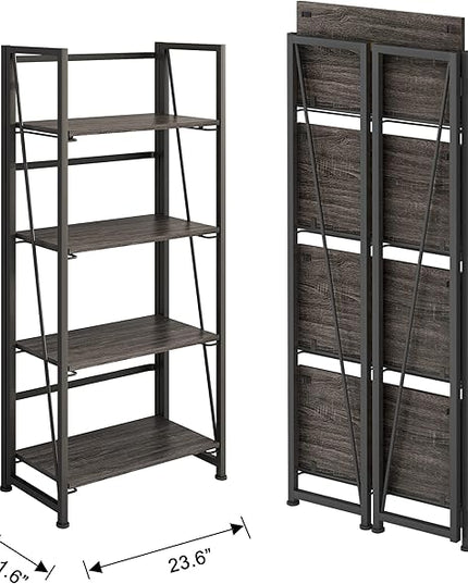 No-Assembly Folding Bookshelf Storage Shelves 4 Tiers Vintage Multifunctional Plant Flower Stand Storage Rack Shelves Bookcase for Home Office (Gray and Black-4, 4-Tier) - LeafyLoom