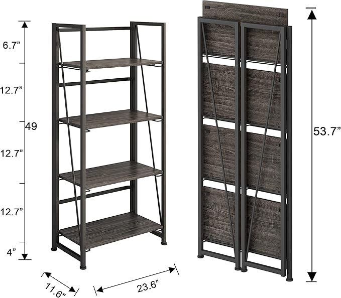 No-Assembly Folding Bookshelf Storage Shelves 4 Tiers Vintage Multifunctional Plant Flower Stand Storage Rack Shelves Bookcase for Home Office (Gray and Black-4, 4-Tier) - LeafyLoom