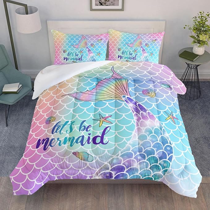 Datura home Bedding Comforter Set Rainbow Scales Mermaid Printed Pattern Bedding Set with 1 Comforter and 2 Pillowcases for Girls Bedroom All Season(Rainbow Scales Mermaid Queen), 90x90inches - LeafyLoom