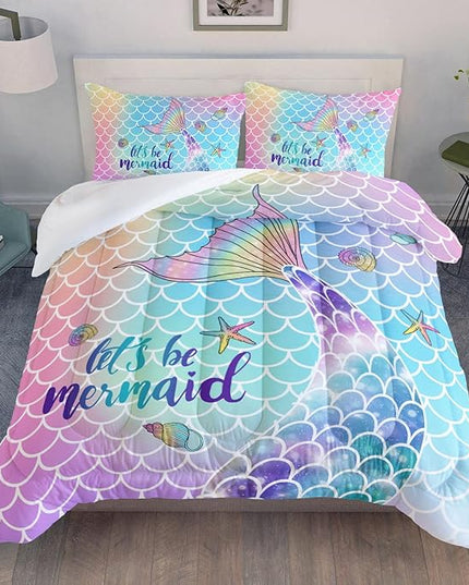 Datura home Bedding Comforter Set Rainbow Scales Mermaid Printed Pattern Bedding Set with 1 Comforter and 2 Pillowcases for Girls Bedroom All Season(Rainbow Scales Mermaid Twin), 68x86inches - LeafyLoom