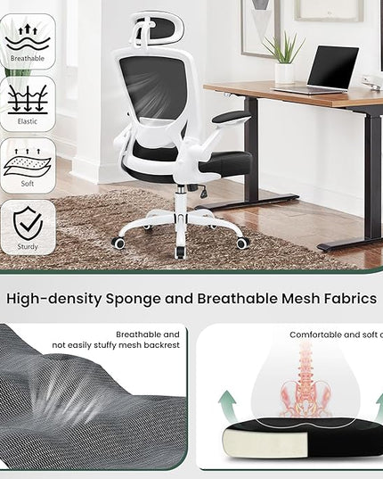 KERDOM Ergonomic Office Chair, Breathable Mesh Desk Chair, Lumbar Support Computer Chair with Headrest and Flip-up Arms, Swivel Task Chair, Adjustable Height Gaming Chair, White - LeafyLoom