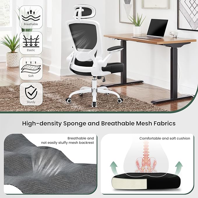 KERDOM Ergonomic Office Chair, Breathable Mesh Desk Chair, Lumbar Support Computer Chair with Headrest and Flip-up Arms, Swivel Task Chair, Adjustable Height Gaming Chair, White - LeafyLoom