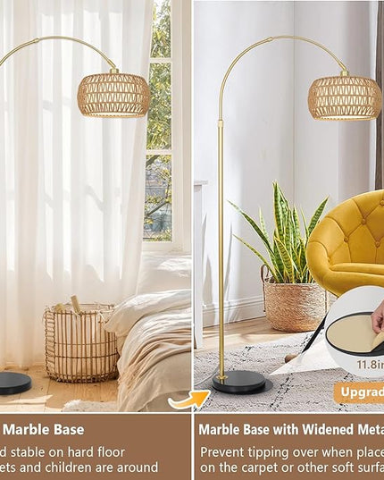 Gold Floor Lamps for Living Room, Arc Floor Lamp with Remote & Dimmable Bulb, Boho Rattan Standing lamp with 3 Color Temperatures, Height Adjustable Tall Lamp for Bedroom, Over Couch Reading Lamp - LeafyLoom