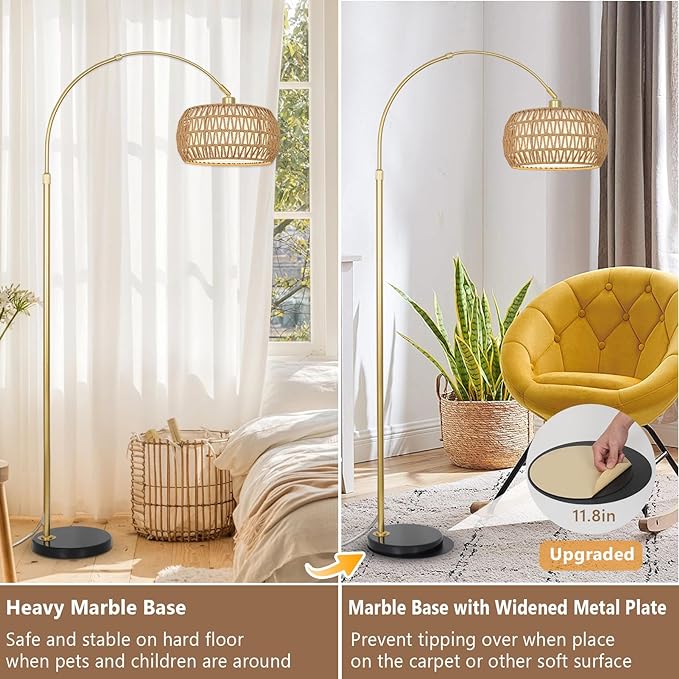 Gold Floor Lamps for Living Room, Arc Floor Lamp with Remote & Dimmable Bulb, Boho Rattan Standing lamp with 3 Color Temperatures, Height Adjustable Tall Lamp for Bedroom, Over Couch Reading Lamp - LeafyLoom