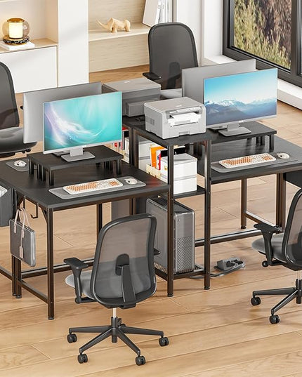 Furologee 2 Person Gaming Desk with LED Lights, 71 Inch Computer Desk with Power Outlets and Monitor Stand, Double Desk with Storage Bag and Headphone Hooks, Study Writing Table for Home Office, Black - LeafyLoom