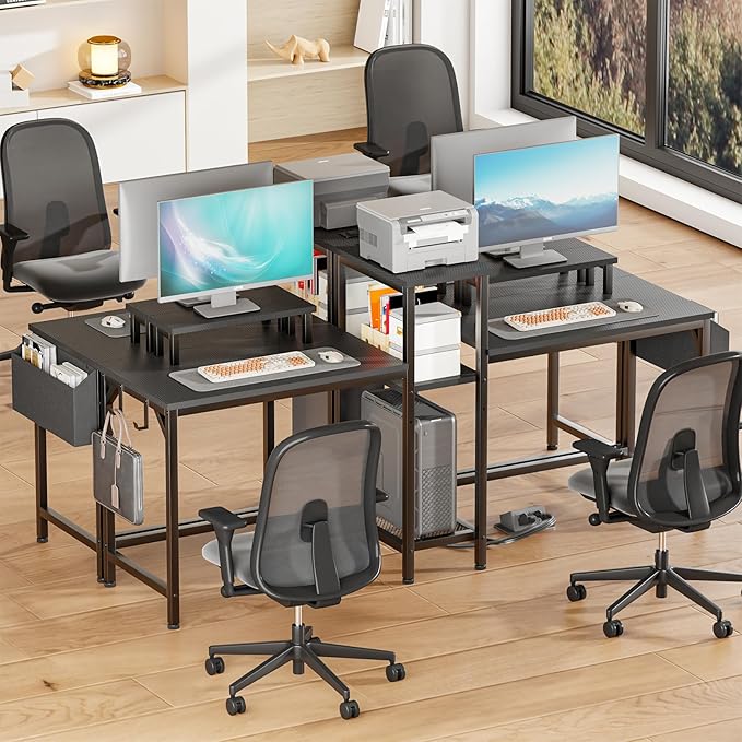 Furologee 2 Person Gaming Desk with LED Lights, 71 Inch Computer Desk with Power Outlets and Monitor Stand, Double Desk with Storage Bag and Headphone Hooks, Study Writing Table for Home Office, Black - LeafyLoom