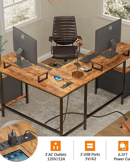 Furologee 66” L Shaped Desk with Power Outlet, Reversible Computer Desk with File Drawer & 2 Monitor Stands, Home Office Desk with Storage Shelves, Corner Desk for Gaming Writing, Rustic Brown - LeafyLoom