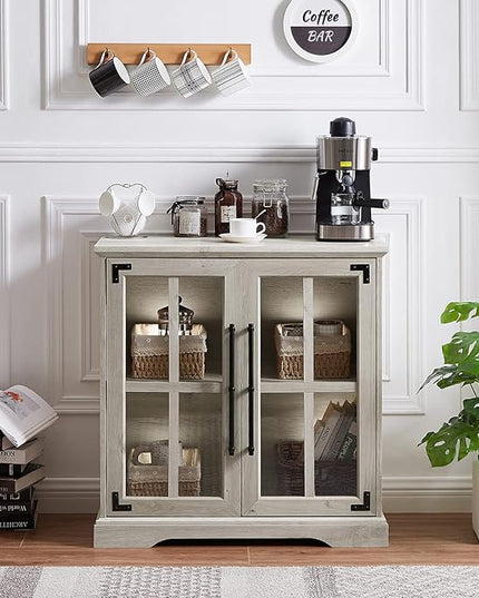 Okvnbjk Coffee Bar Storage Cabinet with Doors and Shelves, Small Farmhouse Buffet Cabinet for Kitchen, Accent Credenza Storage Bar Cabinet for Living/Dining Room, Bedroom, Hallway, White Oak - LeafyLoom