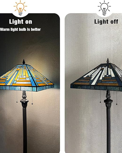 Capulina Tiffany Floor Lamp 2-Light 16X16X63 Inches Blue Amber Mission Antique Style Stained Glass Standing Reading Light for Living Room Bedroom Home Office - LeafyLoom