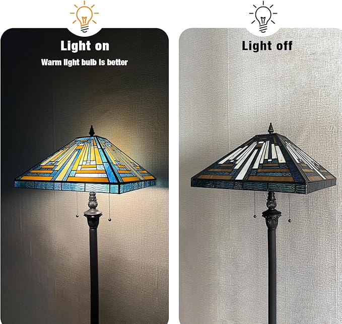 Capulina Tiffany Floor Lamp 2-Light 16X16X63 Inches Blue Amber Mission Antique Style Stained Glass Standing Reading Light for Living Room Bedroom Home Office - LeafyLoom