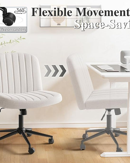 Criss Cross Legged Chair with Wheels, Armless Swivel Wide Padded Height Adjustable Fabric Home Office, Beige - LeafyLoom