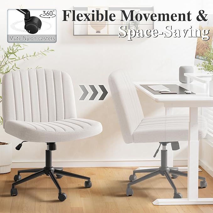 Criss Cross Legged Chair with Wheels, Armless Swivel Wide Padded Height Adjustable Fabric Home Office, Beige - LeafyLoom