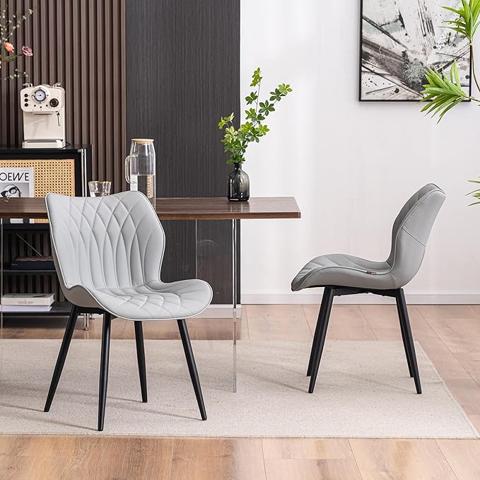 YOUNIKE Dining Chairs Set of 2, Upholstered Faux Leather Kitchen & Dining Room Chairs, Mid Century Modern Living Room Bedroom Side Chairs with Wide Wing Back and Adjustable Metal Legs, Grey - LeafyLoom