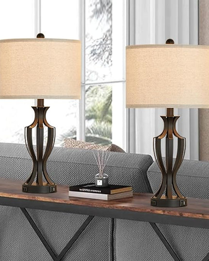 23.25'' Metal Table Lamp Set of 2 for Living Room, 3-Way Touch Control Black Iron Scroll Table Lamps with USB Ports and AC Outlets(Bulbs Included) - LeafyLoom