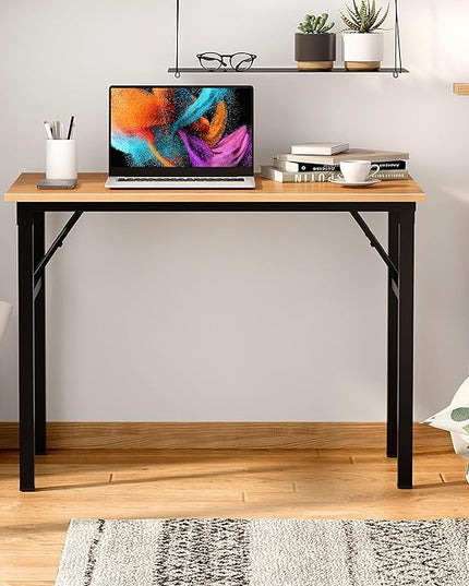 Need Folding Desk for Home Office 39-3/8'' Length Modern Folding Table Computer Desk No Install Needed Teak Color Desktop Black Frame, AC5BB(10060) - LeafyLoom