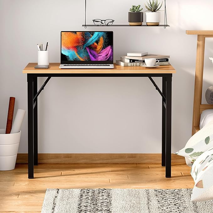 Need Folding Desk for Home Office 39-3/8'' Length Modern Folding Table Computer Desk No Install Needed Teak Color Desktop Black Frame, AC5BB(10060) - LeafyLoom