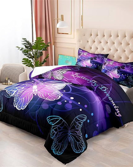 Butterfly Comforter for Girls Teen, 3D Printed Novel Bedding Set Queen Size, Cute Animals Pattern Purple Comforter Set Soft Breathable Microfiber Quilt for All Season 3Pcs with Pillowcases - LeafyLoom