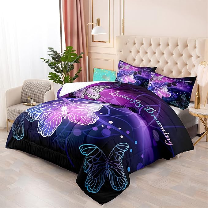 Butterfly Comforter for Girls Teen, 3D Printed Novel Bedding Set Queen Size, Cute Animals Pattern Purple Comforter Set Soft Breathable Microfiber Quilt for All Season 3Pcs with Pillowcases - LeafyLoom