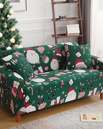 Mybedsoul Christmas Printed Sofa Cover Santa Claus Elastic Couch Cover Machine Washable Christmas Theme Red Sofa Slipcover for Living Room(3 Seater) Mybedsoul