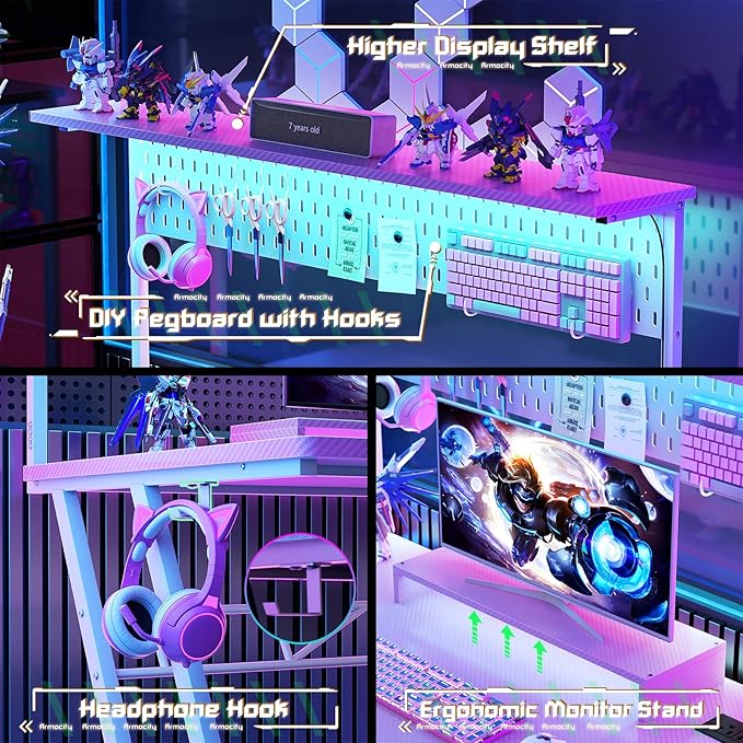 Gaming Computer Desk with Outlets and Storage Shelves, Pink Gaming Desk with Hutch and LED Lights, PC Gaming Desk with Pegboard for Bedroom, Carbon Fiber Pink, 47'' - LeafyLoom