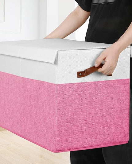 Large Toy Storage Box with Lid, Sturdy Toys Storage Chest Bin Organizer Basket with Dividers for Kids, Boys, Girls, Nursery, Closet, Bedroom, Playroom 25"x13" x16" (Pink and White) - LeafyLoom