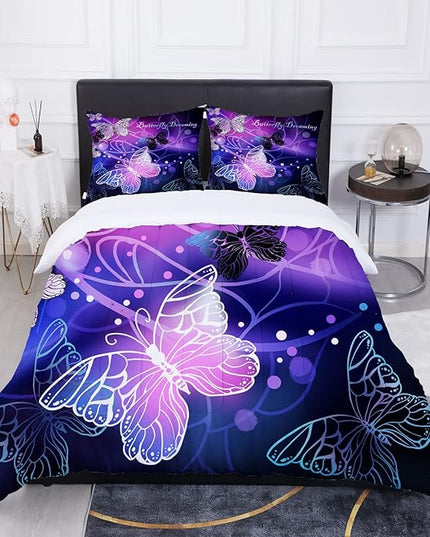 Sunnycitron Butterfly Comforter Set for Girls 3D Purple Butterfly Bedding with Comforter Full Size Girls Comforter Set Neon Butterflies Purple bed comforter full,1 Comforter + 2 Pillowcases - LeafyLoom
