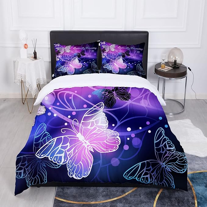 Sunnycitron Butterfly Comforter Set for Girls 3D Purple Butterfly Bedding with Comforter Full Size Girls Comforter Set Neon Butterflies Purple bed comforter full,1 Comforter + 2 Pillowcases - LeafyLoom