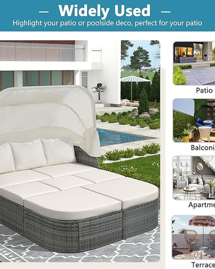 Rectangle Furniture Daybed Sunbed with Retractable Canopy, Outdoor Wicker Conversation Set with Cushions for Patio, Backyard, Porch, Garden, Hc-Beige - LeafyLoom