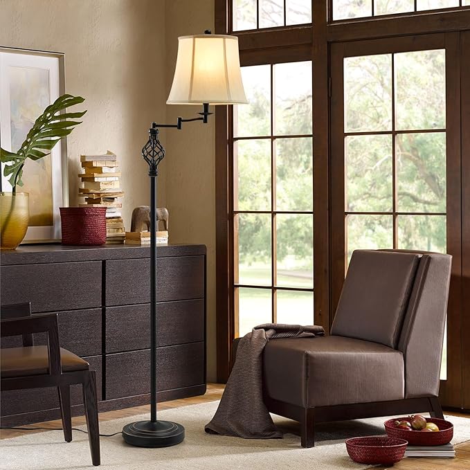 3 Color Temperature LED Floor lamp, Traditional 350° Adjustable Swing Arm Floor Lamp Vintage Pole lamp Farmhouse Lamp for Living Rooms & Offices, Rustic Standing Lamp for Bedroom Reading - LeafyLoom