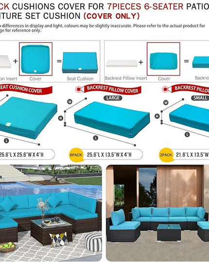 ClawsCover 14Pack Outdoor Patio Seat and Back Cushions Replacement Covers Fit for 7Pieces 6-Seater Wicker Rattan Sectional Couch Chair Furniture Set,Turquoise-Include Cover Only (Large) - LeafyLoom