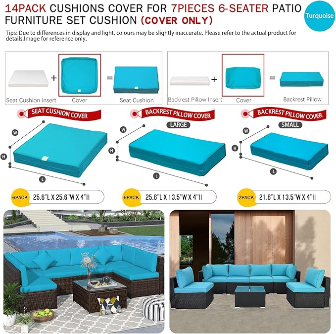 ClawsCover 14Pack Outdoor Patio Seat and Back Cushions Replacement Covers Fit for 7Pieces 6-Seater Wicker Rattan Sectional Couch Chair Furniture Set,Turquoise-Include Cover Only (Large) - LeafyLoom
