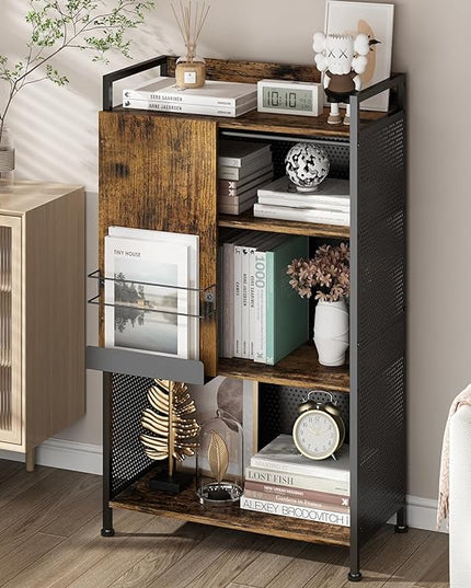 4 Tier Large Bookshelf with Storage Cabinet, Metal Industrial Bookcase Storage Organizer with Sliding Door, Open Standing Shelf Unit for Bedroom, Living Room, Home Office, Rustic Brown - LeafyLoom