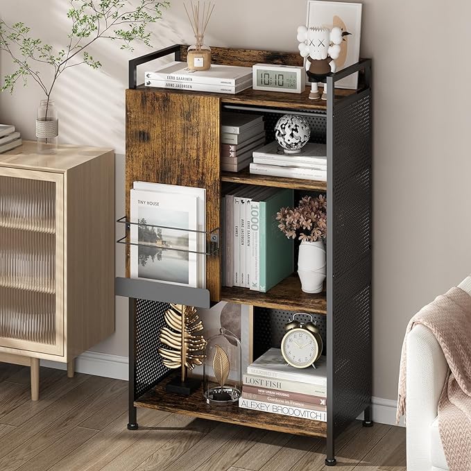 4 Tier Large Bookshelf with Storage Cabinet, Metal Industrial Bookcase Storage Organizer with Sliding Door, Open Standing Shelf Unit for Bedroom, Living Room, Home Office, Rustic Brown - LeafyLoom