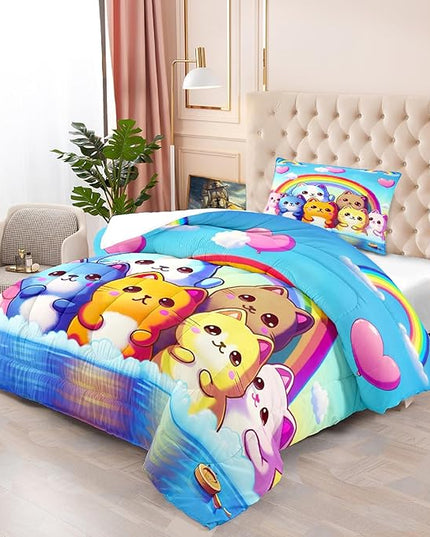 Rainbow Cat Comforter Twin Size - Rainbow Cat Bedding for Girls Room Cute Cartoon Rainbow Bedding Twin Comforter Sets for Kids, 1 Comforter+1 Pillowcase - LeafyLoom