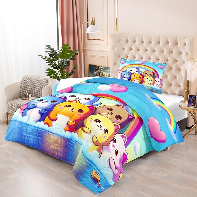 Rainbow Cat Comforter Twin Size - Rainbow Cat Bedding for Girls Room Cute Cartoon Rainbow Bedding Twin Comforter Sets for Kids, 1 Comforter+1 Pillowcase - LeafyLoom