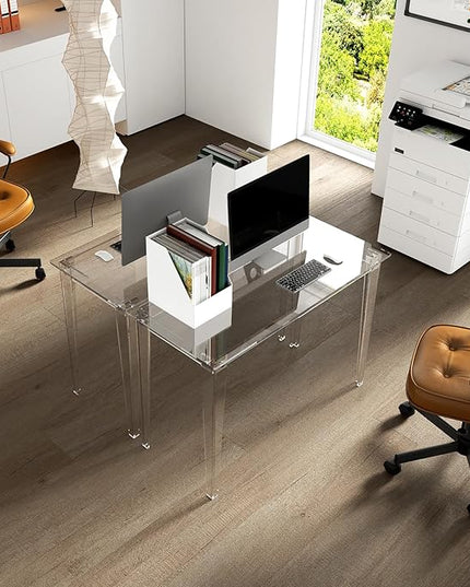 HMYHUM Acrylic Computer Desk, 43.3 Inch, Clear Study Desk for Home Office, Writing, Vanity, Modern, Easy Assembly, 19.7" W x 29.5" H, Right-Angle Legs Design - LeafyLoom