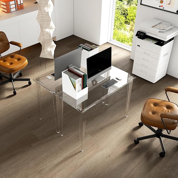 HMYHUM Acrylic Computer Desk, 43.3 Inch, Clear Study Desk for Home Office, Writing, Vanity, Modern, Easy Assembly, 19.7" W x 29.5" H, Right-Angle Legs Design - LeafyLoom