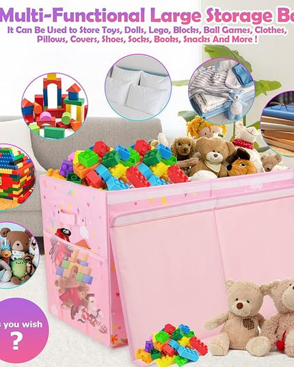 Large Toy Box Chest, Collapsible Sturdy Toy Storage Organizer for Kids, Boys, Girls, 25"x13"x16" Toy Chest Storage Bins with Lids Toy Bins Baskets Boxes for Living Room, Playroom, Nursery, Pink - LeafyLoom