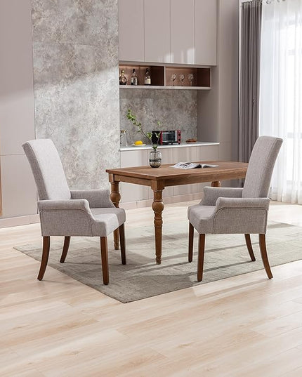 Dining Room Chairs with Arms，Tufted Upholstered High Back Nailed Trim with Untique Oak Wood Legs for Kitchen Restaurant Room Bedroom (Light Gray, SingleA) - LeafyLoom