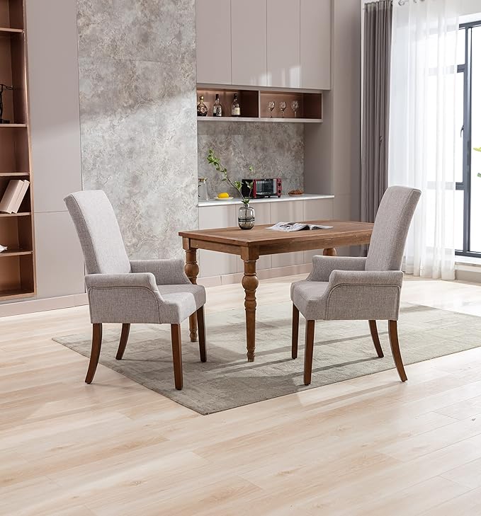 Dining Room Chairs with Arms，Tufted Upholstered High Back Nailed Trim with Untique Oak Wood Legs for Kitchen Restaurant Room Bedroom (Light Gray, SingleA) - LeafyLoom