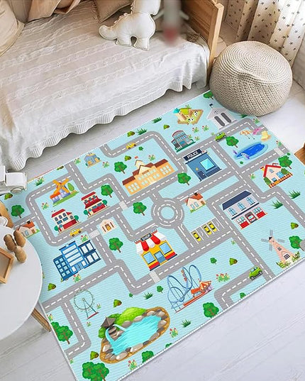 Kids Car Rug, 3' 3" x 5' 3" City Life Traffic Road Playmat for Toy Cars Trains, Non-Slip Race Track Carpet Educational Fun Area Rugs for Boy and Girl Bedroom Nursery - LeafyLoom