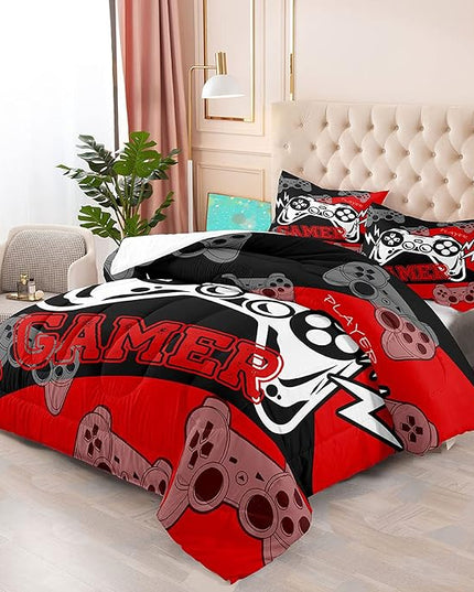 Gaming Comforter Sets for Boys Video Game Full Size Comforter Set for All Seasons Gamer Bedding Sets for Kids Bedroom Black and Red Gamepad Boys Bedding 1 Comforter and 2 Pillowcases - LeafyLoom