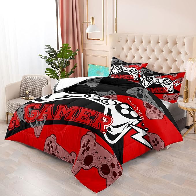 Gamer Bedding Sets for Boys Game Comforters Queen Size for All Seasons Gaming Bedding Sets for Kids Bedroom Decor Black and Red Game Controller Beddings 1 Comforter and 2 Pillowcases - LeafyLoom
