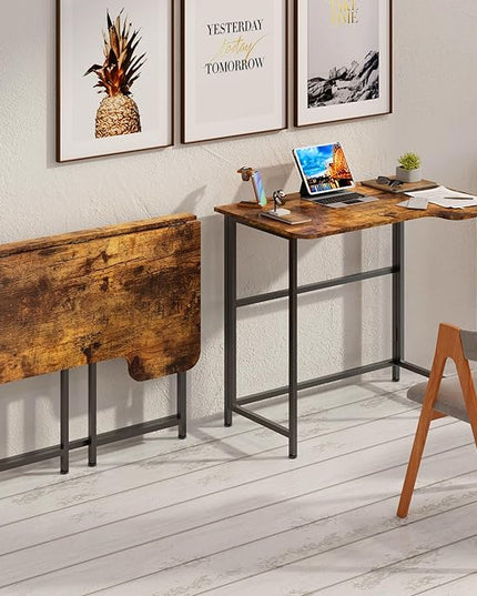 4NM 35.4" Small L Shaped Desk, Folding Computer Desk Home Office Desk, Foldable Bed Desk for Laptop for Small Space Offices - Rustic Brown and Black - LeafyLoom
